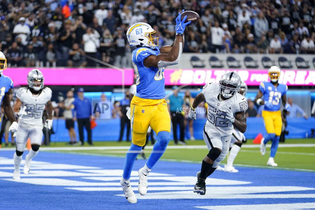Marcio Jose Sanchez Los Angeles Chargers tight end Donald Parham grabs a pass in the end zone for a touchdown during the first half of an NFL football game against the Las Vegas Raiders, Monday, Oct. 4, 2021, in Inglewood, Calif. (AP Photo/Marcio Jose Sanchez)