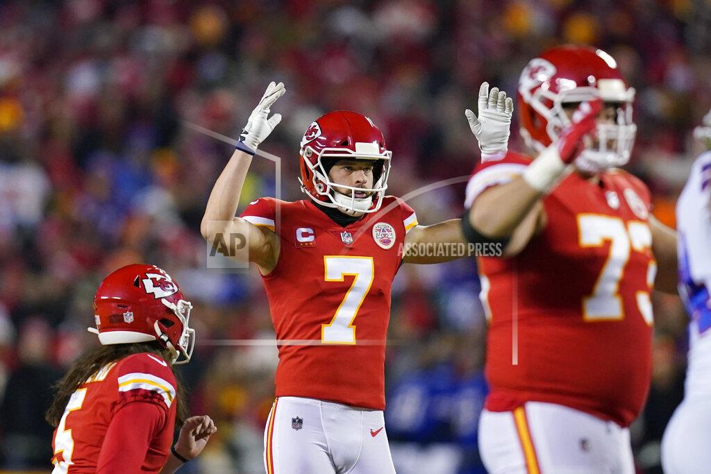Ed Zurga Kansas City Chiefs kicker Harrison Butker (7) celebrates after kicking a 39-yard field goal during the second half of an NFL divisional round playoff football game against the Buffalo Bills, Sunday, Jan. 23, 2022, in Kansas City, Mo. (AP Photo/Ed Zurga)