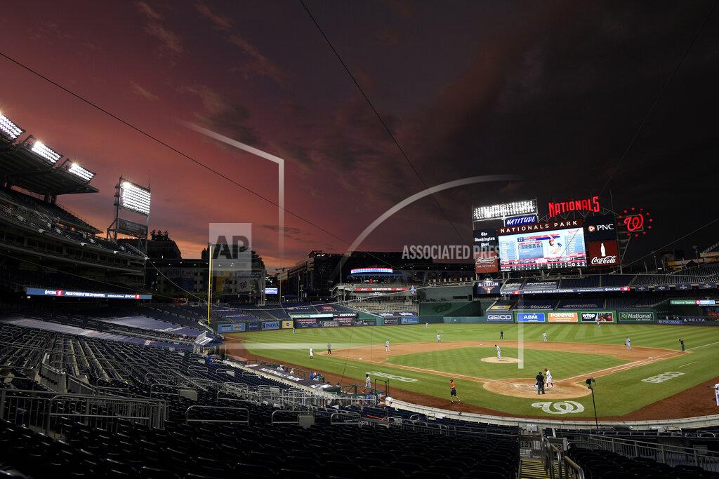 Nick Wass The Washington Nationals compete against the Toronto Blue Jays during the eighth inning of a baseball game, Tuesday, July 28, 2020, in Washington. (AP Photo/Nick Wass)