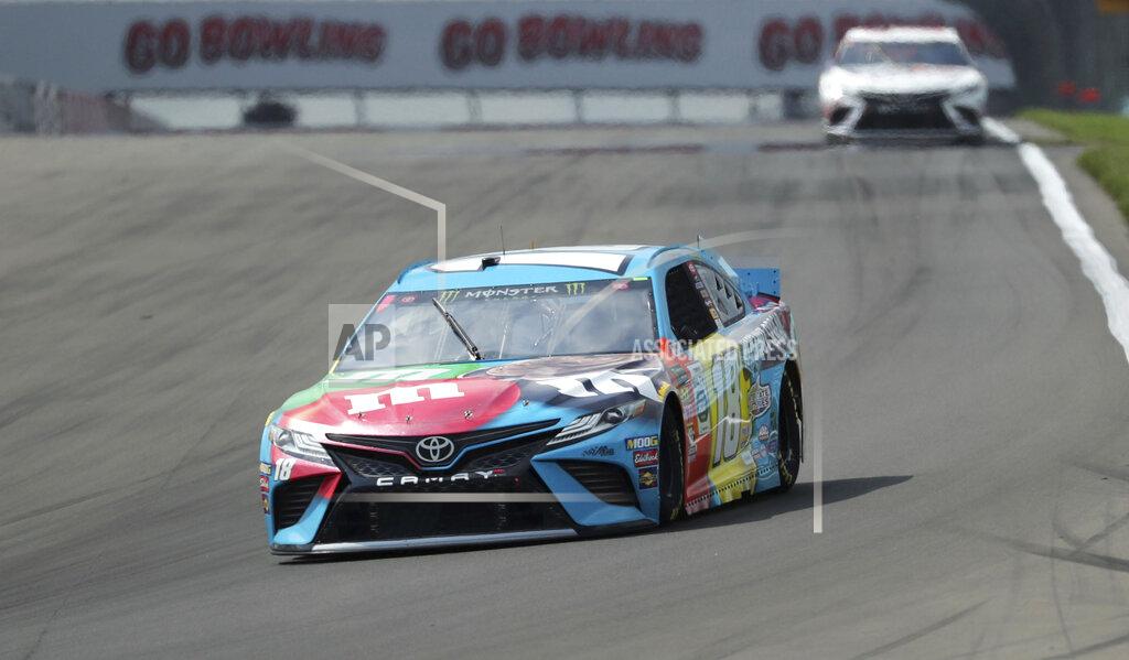 John Munson Kyle Busch heads into Turn 1 during a practice run for a NASCAR Cup Series auto race at Watkins Glen International, Saturday, Aug. 3, 2019, in Watkins Glen, N.Y. (AP Photo/John Munson)