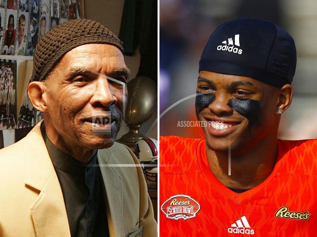 Uncredited FILE - At left, in an Oct. 2, 2008, file photo, former NFL player Herb Adderley sits in a room full of memorabilia of his playing days with the Green Bay Packers, at his home in Mantua, N.J. At right, in a Jan. 26, 2019, file photo, Delaware safety Nasir Adderley smiles before the start of the Senior Bowl NCAA college football game, in Mobile, Ala. University of Delaware safety Nassir Adderley was in high school when he connected with his grandfather's first cousin, Hall of Fame defensive back Herb Adderley, who sent him videos of his playing days during the Vince Lombardi era in Green Bay. The elder Adderley would become a huge influence in his life as Nassir lost his grandfather, then blossomed into an NFL prospect himself. (AP Photo/File)