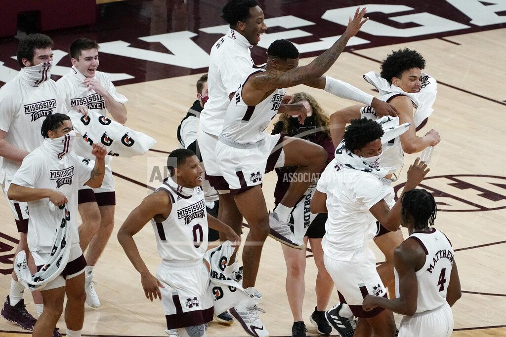 Rogelio V. Solis Mississippi State players celebrate a 78-63 win over Missouri in an NCAA college basketball game Tuesday, Jan. 5, 2021, in Starkville, Miss. (AP Photo/Rogelio V. Solis)