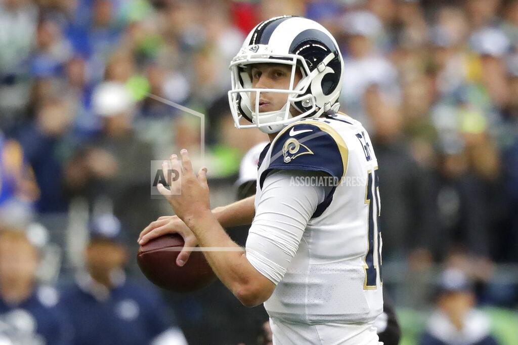 Elaine Thompson Los Angeles Rams quarterback Jared Goff drops back to pass against the Seattle Seahawks during the first half of an NFL football game Thursday, Oct. 3, 2019, in Seattle. (AP Photo/Elaine Thompson)