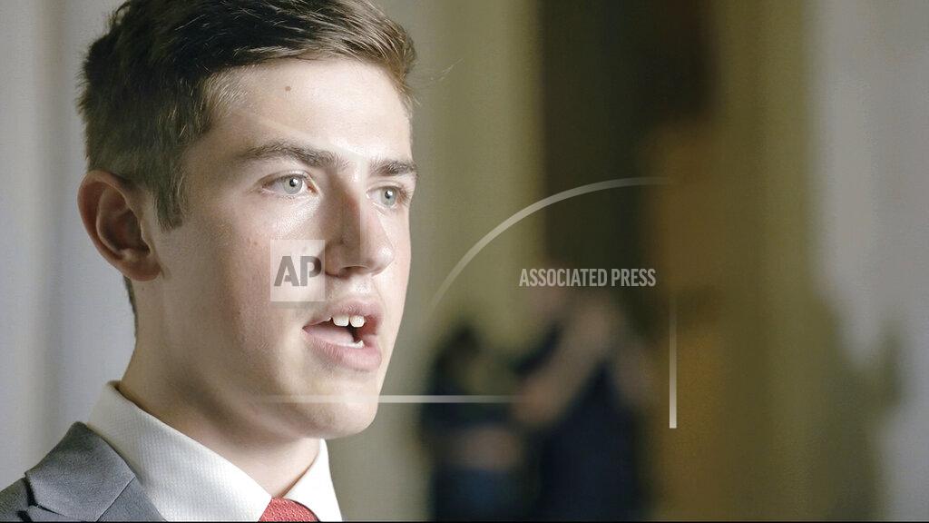 In this image from video, Nicholas Sandmann speaks from Washington, during the second night of the Republican National Convention on Tuesday, Aug. 25, 2020. (Courtesy of the Committee on Arrangements for the 2020 Republican National Committee via AP)