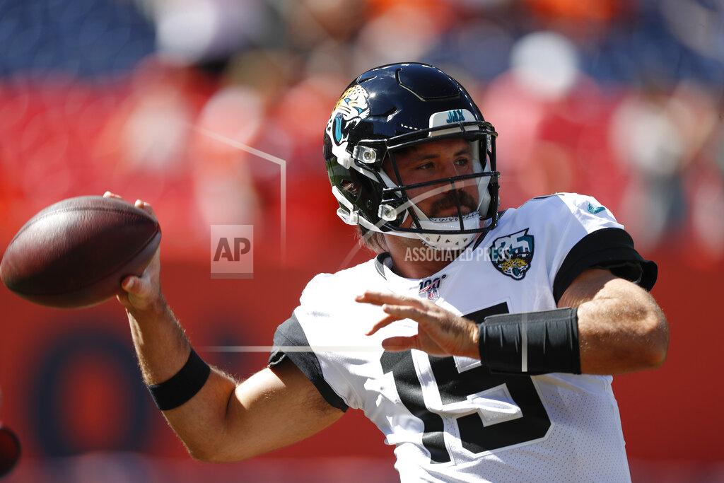 David Zalubowski Jacksonville Jaguars quarterback Gardner Minshew warms up before an NFL football game against the Denver Broncos, Sunday, Sept. 29, 2019, in Denver. (AP Photo/David Zalubowski)
