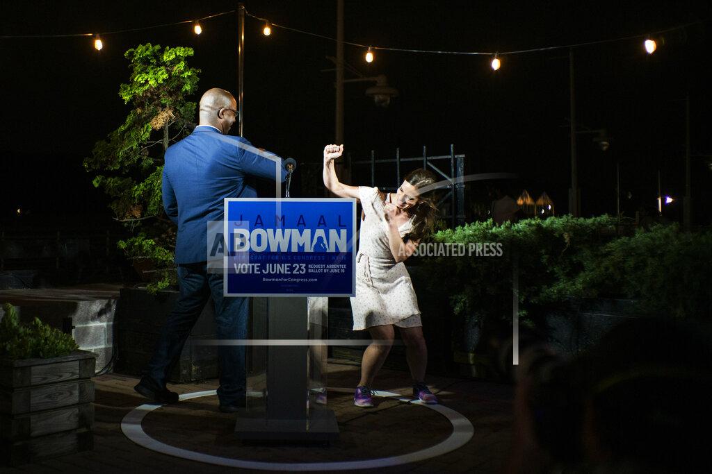 Eduardo Munoz Alvarez Jamaal Bowman, who is running against Rep. Eliot Engel, D-N.Y., in the primary, greets state Sen. Alessandra Biaggi before speaking during his primary-night party Tuesday, June. 23, 2020, in New York. (AP Photo/Eduardo Munoz Alvarez)