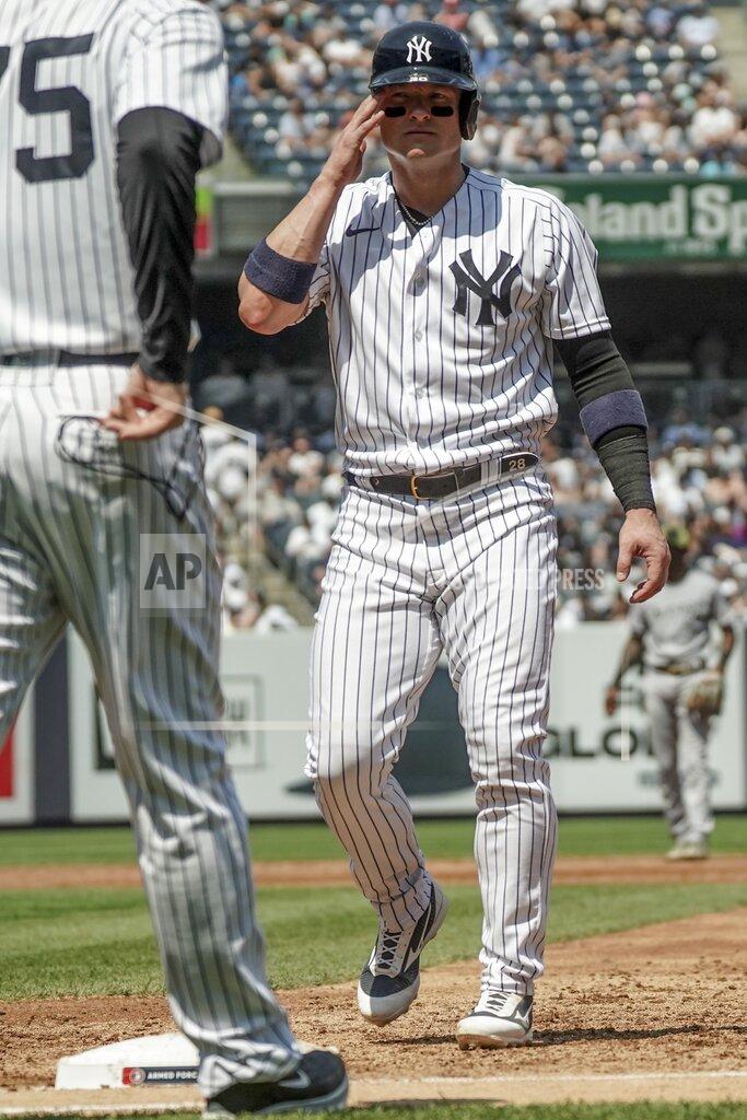 Bebeto Matthews New York Yankees' Josh Donaldson (28) steps back to first base during the third inning of a baseball game against Chicago White Sox, Saturday May 21, 2022, in New York. (AP Photo/Bebeto Matthews)