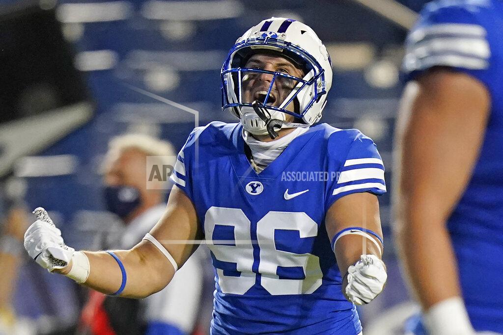 Rick Bowmer BYU tight end Carter Wheat celebrates after scoring against Louisiana Tech during the first half of an NCAA college football game Friday, Oct. 2, 2020, in Provo, Utah. (AP Photo/Rick Bowmer, Pool)