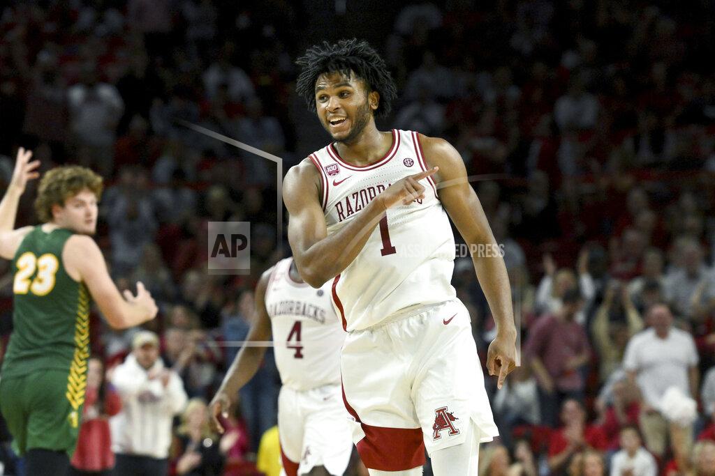 Michael Woods Arkansas guard Ricky Council IV (1) reacts after scoring against North Dakota State during the second half of an NCAA college basketball game Monday, Nov. 7, 2022, in Fayetteville, Ark. (AP Photo/Michael Woods)