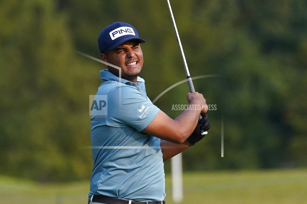 Rogelio V. Solis Defending champion Sebastian Munoz, of Colombia, reacts to his second shot on the 18th hole during the first round of the Sanderson Farms Championship golf tournament in Jackson, Miss., Thursday, Oct. 1, 2020. (AP Photo/Rogelio V. Solis)