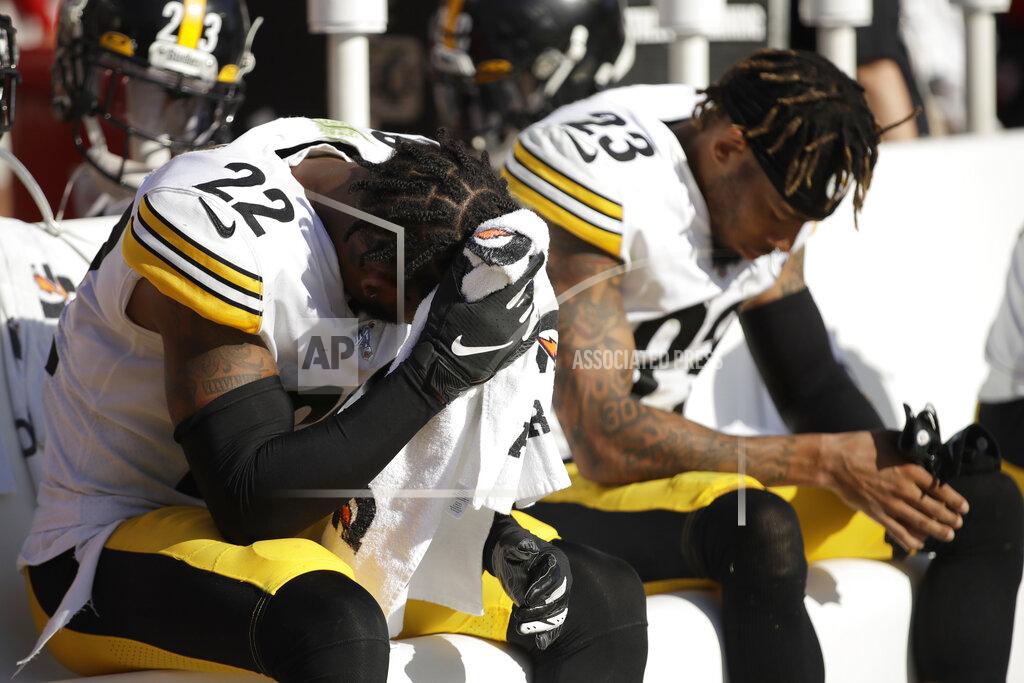 Ben Margot Pittsburgh Steelers cornerback Steven Nelson (22) sits on the bench next to cornerback Joe Haden (23) during the second half of an NFL football game against the San Francisco 49ers in Santa Clara, Calif., Sunday, Sept. 22, 2019. (AP Photo/Ben Margot)
