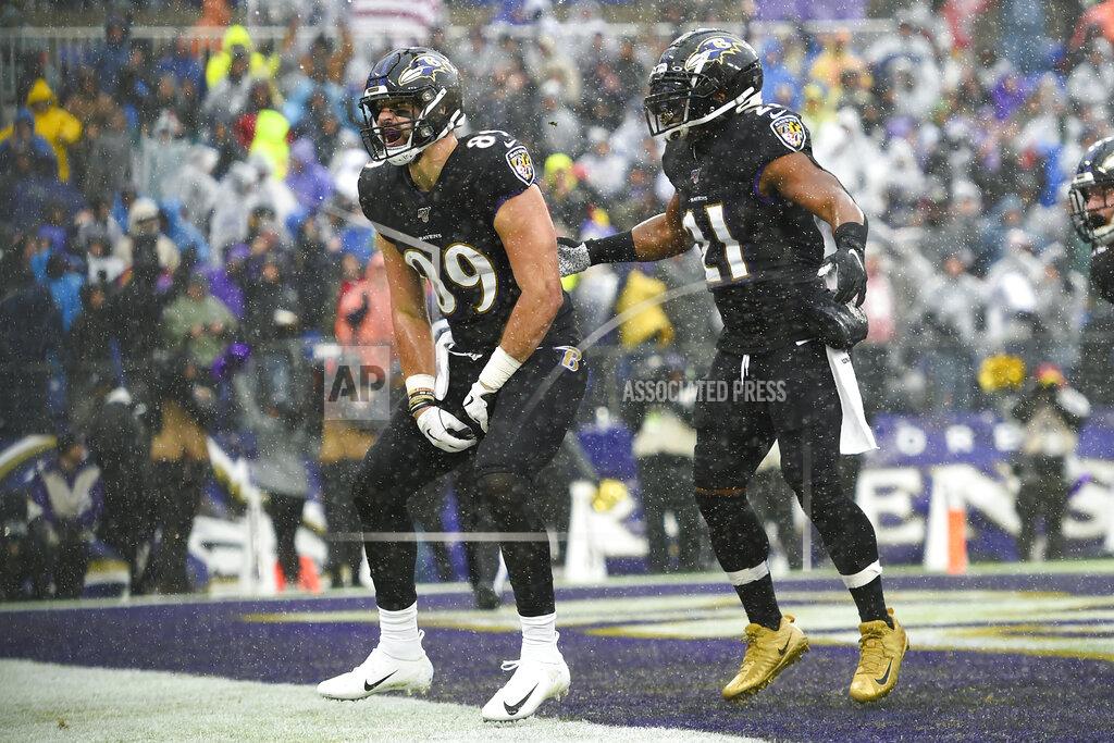 Gail Burton Baltimore Ravens tight end Mark Andrews (89) celebrates his touchdown against the San Francisco 49ers with teammate Mark Ingram (21) in the first half of an NFL football game, Sunday, Dec. 1, 2019, in Baltimore, Md. (AP Photo/Gail Burton)