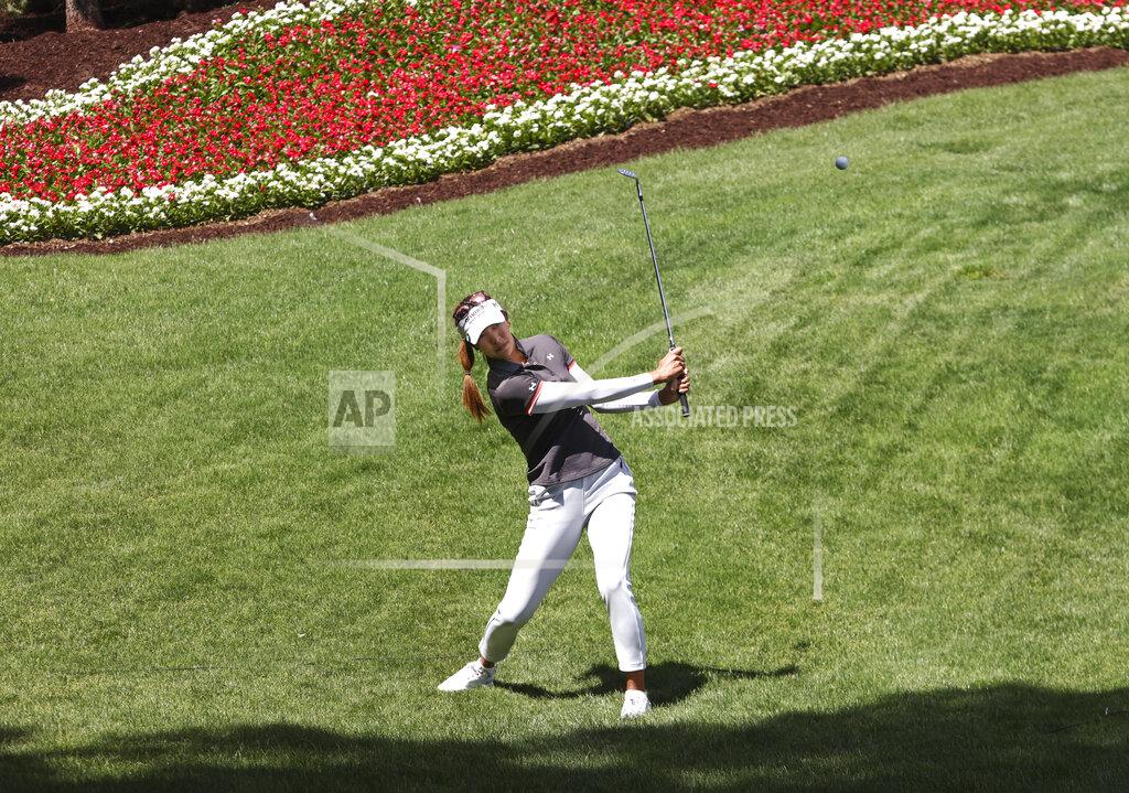 Chase Stevens Alison Lee chips from the rough on the ninth hole during the second day of round-robin play in the Bank of Hope LPGA Match-Play golf tournament at Shadow Greek on Thursday, May 26, 2022, in North Las Vegas, Nev. (Chase Stevens/Las Vegas Review-Journal via AP)