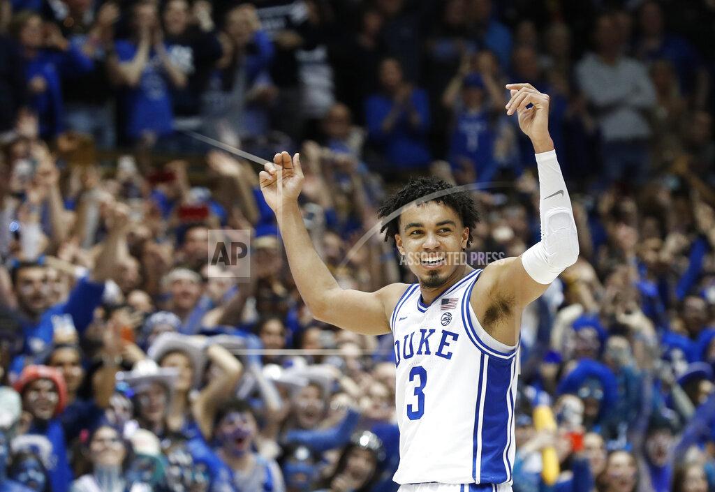 Gerry Broome FILE - In this March 7, 2020, file photo, Duke guard Tre Jones (3) reacts during the second half of the team's NCAA college basketball game against North Carolina in Durham, N.C. Jones was selected by the San Antonio Spurs in the NBA draft Wednesday, Nov. 18, 2020. (AP Photo/Gerry Broome, File)