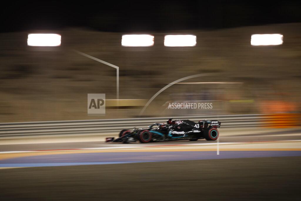 Hamad Mohammed Mercedes driver George Russell of Britain steers his car during the first free practice at the Formula One Bahrain International Circuit in Sakhir, Bahrain, Friday, Dec. 4, 2020. The Bahrain Formula One Grand Prix will take place on Sunday. (Hamad Mohammed, Pool via AP)