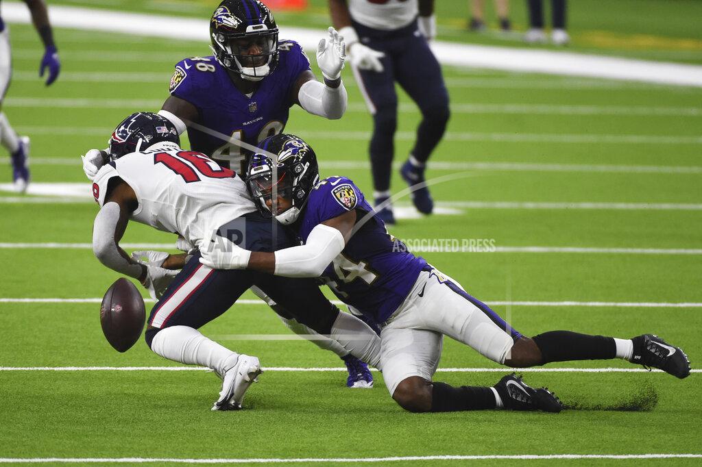Eric Christian Smith Baltimore Ravens cornerback Marlon Humphrey (44) caused Houston Texans wide receiver Keke Coutee (16) to fumble during the first half of an NFL football game Sunday, Sept. 20, 2020, in Houston. Baltimore recovered and scored a touchdown on the play. (AP Photo/Eric Christian Smith)