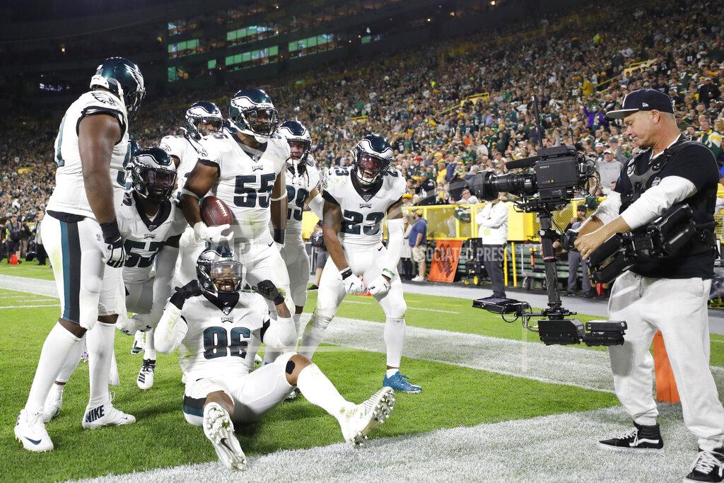 Jeffrey Phelps The Philadelphia Eagles defense celebrates a fumble recovery during the first half of the team's NFL football game against the Green Bay Packers on Thursday, Sept. 26, 2019, in Green Bay, Wis. (AP Photo/Jeffrey Phelps)