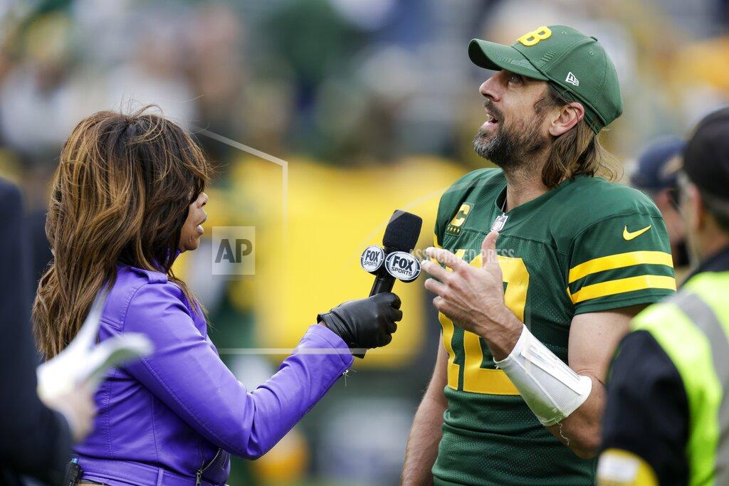 Matt Ludtke Green Bay Packers' Aaron Rodgers is interviewed after an NFL football game against the Washington Football Team Sunday, Oct. 24, 2021, in Green Bay, Wis. The Packers won 24-10. (AP Photo/Matt Ludtke)