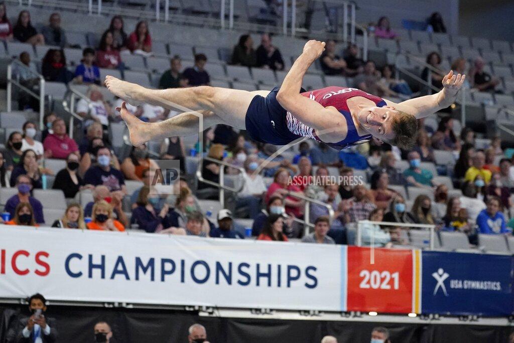 Tony Gutierrez Eddie Penev competes in the floor exercise during the U.S. Gymnastics Championships, Saturday, June 5, 2021, in Fort Worth, Texas. (AP Photo/Tony Gutierrez)