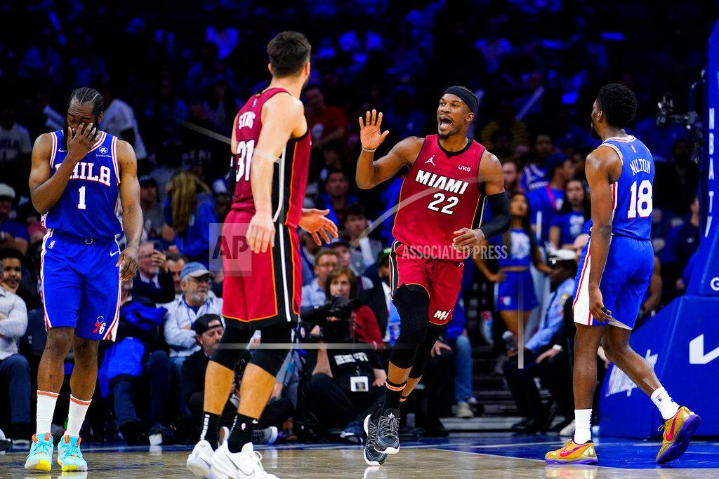 Matt Slocum Miami Heat's Jimmy Butler (22) reacts during the second half of Game 6 of an NBA basketball second-round playoff series against the Philadelphia 76ers, Thursday, May 12, 2022, in Philadelphia. (AP Photo/Matt Slocum)