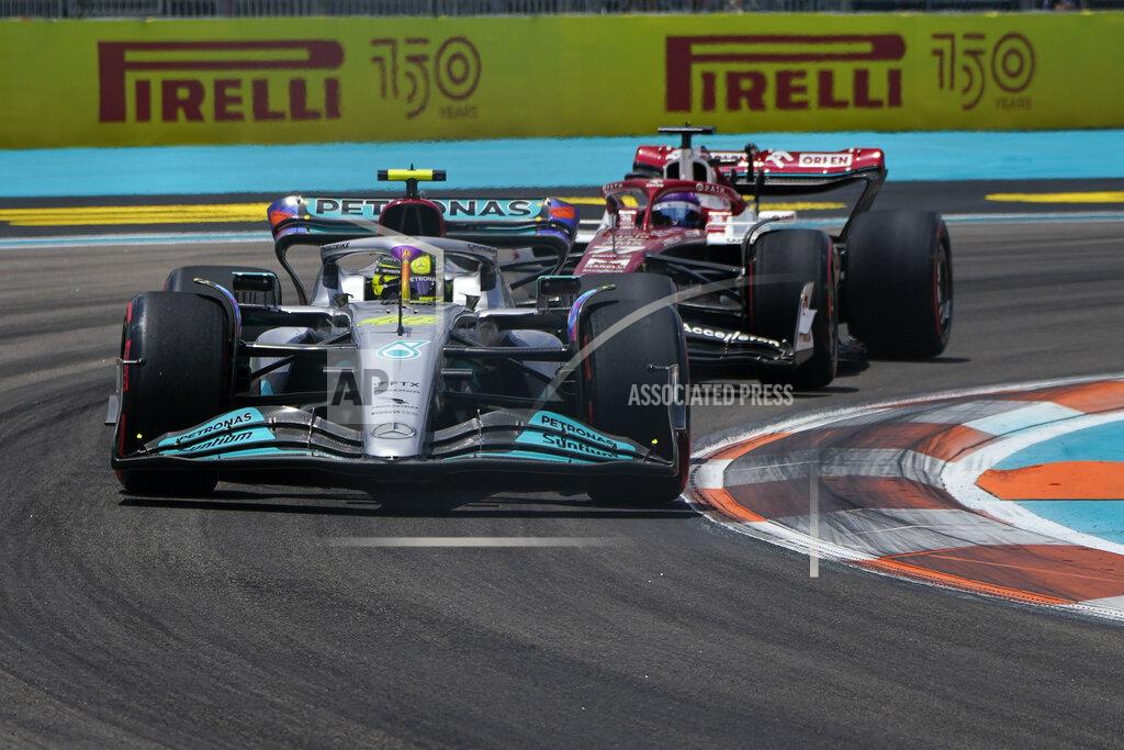 Mercedes driver Lewis Hamilton of Britain leads Alfa Romeo driver Valtteri Bottas of Finland during the third practice session for the Formula One Miami Grand Prix auto race at the Miami International Autodrome, Saturday, May 7, 2022, in Miami Gardens, Fla. (AP Photo/Lynne Sladky)