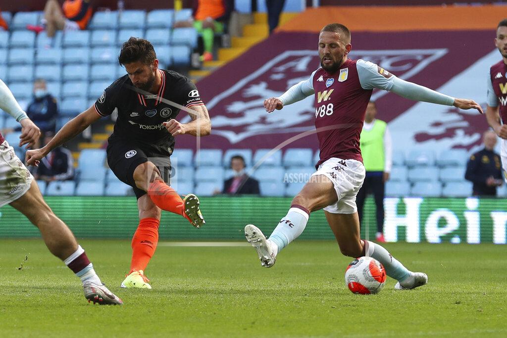 Molly Darlington Chelsea's Olivier Giroud scores his side's second goal during the English Premier League soccer match between Aston Villa and Chelsea at the Villa Park stadium in Birmingham, England, Sunday, June 21, 2020. (Molly Darlington/Pool via AP)