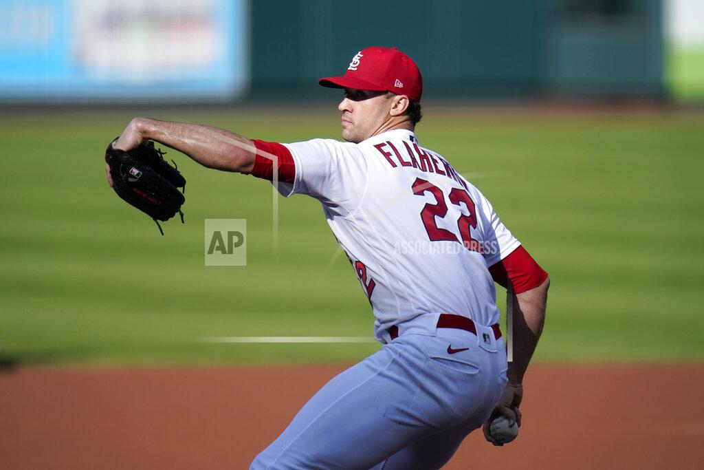 Jeff Roberson St. Louis Cardinals starting pitcher Jack Flaherty throws during the first inning in the first game of a baseball doubleheader against the Milwaukee Brewers Friday, Sept. 25, 2020, in St. Louis. (AP Photo/Jeff Roberson)