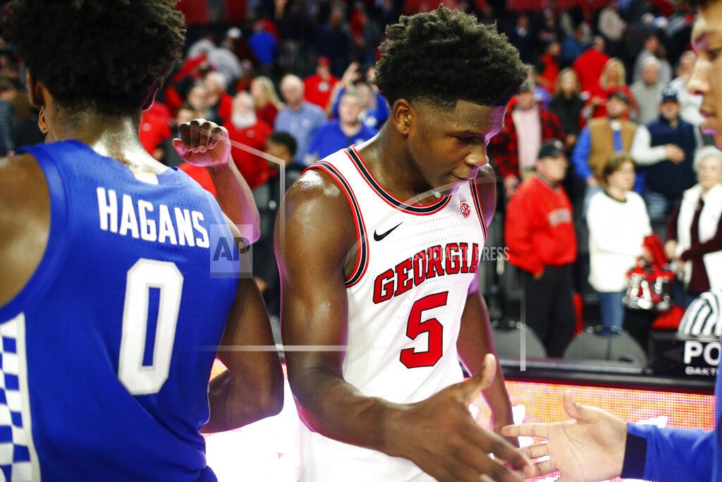 Georgia's Anthony Edwards (5) shakes hands with Kentucky players after during an NCAA college basketball game Tuesday, Jan. 7, 2020, in Athens, Ga. Kentucky won 78-69. (Joshua L. Jones/Athens Banner-Herald via AP)