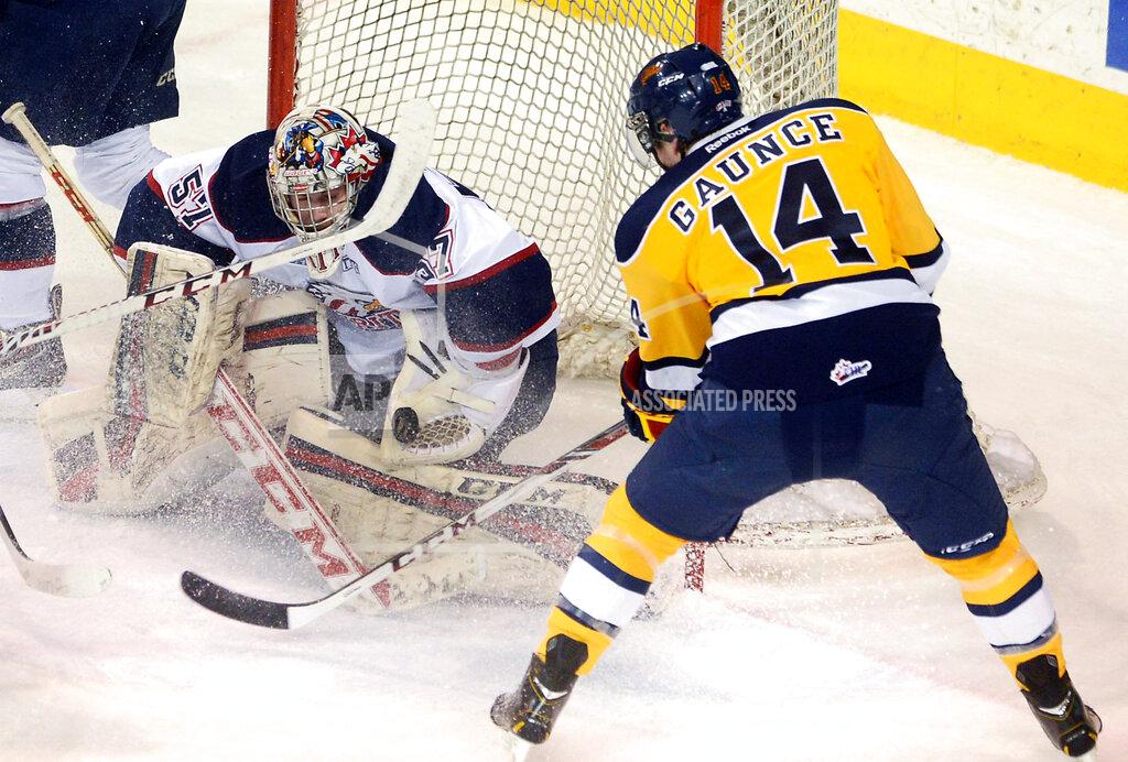 Jack Hanrahan FILE - Saginaw Spirit goalie Jake Paterson, left, makes a save on Erie Otters' Brendan Gaunce in the first period of Game 2 of an Ontario Hockey League playoff game in Erie, Pa., in this Saturday, March 22, 2014, file photo. Goaltender Jake Paterson is studying to get his real estate license while also playing minor league hockey with the Allen Americans of the ECHL. Paterson joined the Professional Hockey Players Association’s career enhancement program last spring after the COVID-19 pandemic hit.(Jack Hanrahan/Erie Times-News via AP, File)