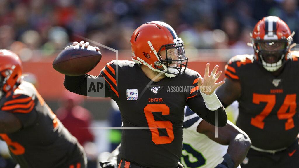Ron Schwane Cleveland Browns quarterback Baker Mayfield throws during the first half of an NFL football game against the Seattle Seahawks, Sunday, Oct. 13, 2019, in Cleveland. (AP Photo/Ron Schwane)