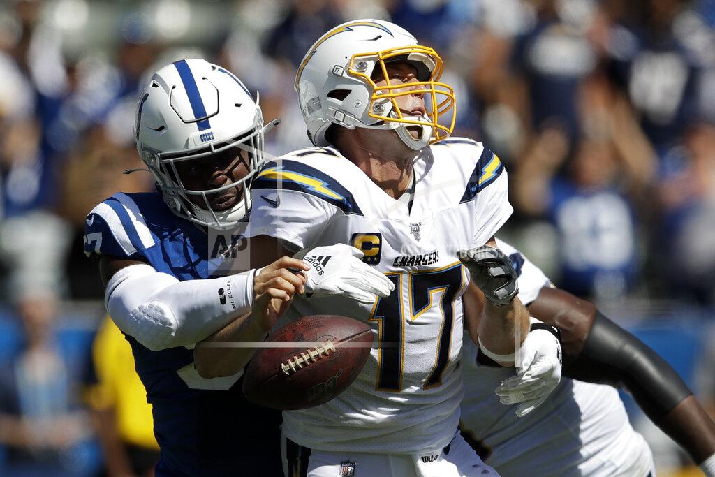 Marcio Jose Sanchez Los Angeles Chargers quarterback Philip Rivers, right, is sacked by Indianapolis Colts defensive end Kemoko Turay during the second half in an NFL football game Sunday, Sept. 8, 2019, in Carson, Calif. (AP Photo/Marcio Jose Sanchez)