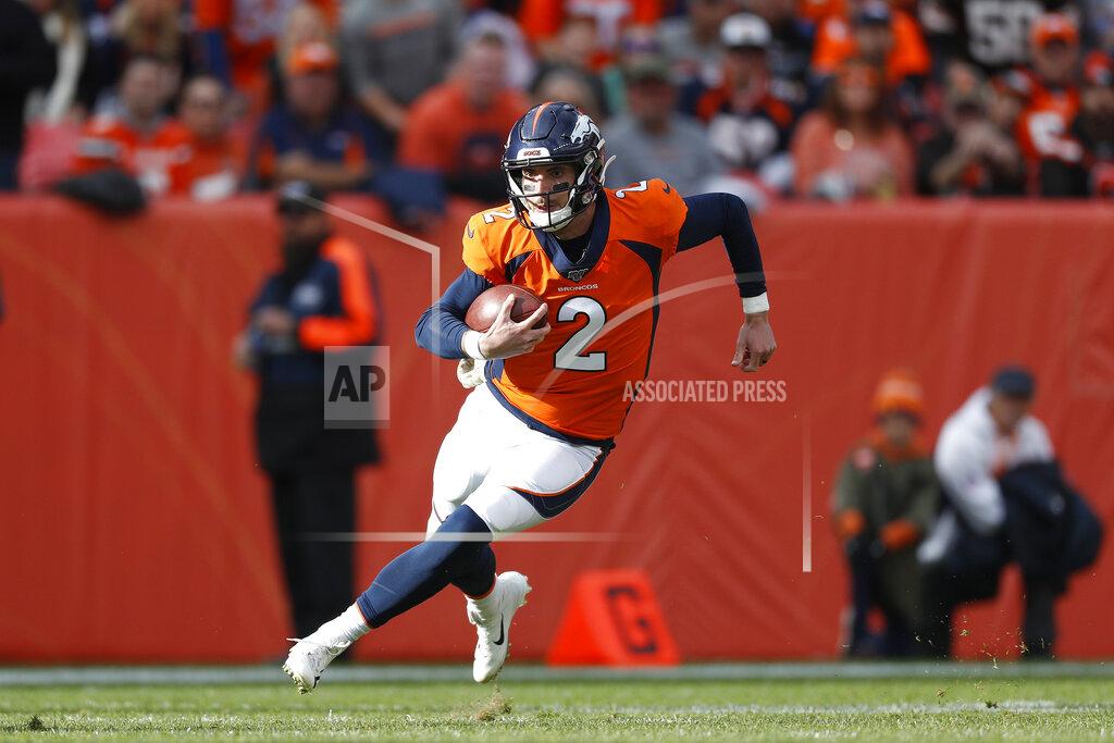 David Zalubowski Denver Broncos quarterback Brandon Allen (2) runs the ball against the Cleveland Browns during the first half of NFL football game, Sunday, Nov. 3, 2019, in Denver. (AP Photo/David Zalubowski)