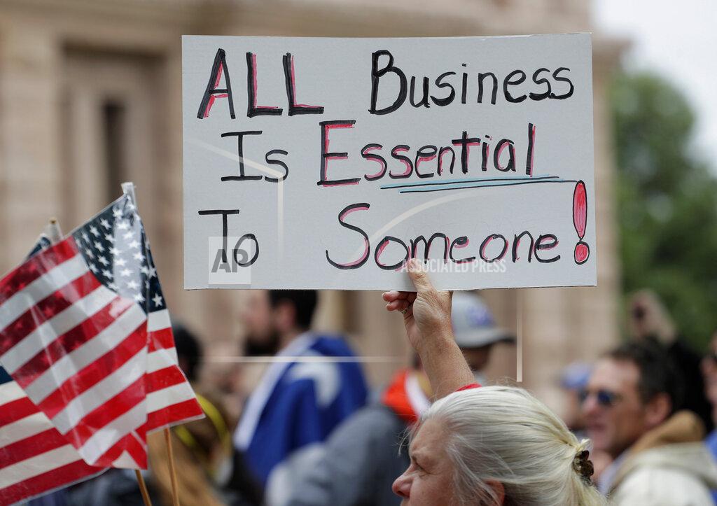 Eric Gay Protesters rally at the Texas State Capitol to speak out against Texas' handling of the COVID-19 outbreak, in Austin, Texas, Saturday, April 18, 2020. Austin and many other Texas cities remain under stay-at-home orders due to the coronavirus outbreak except for essential personnel. (AP Photo/Eric Gay)