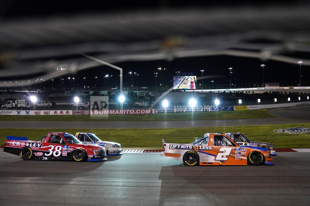 Jeff Roberson FILE - Sheldon Creed (2) races followed by Todd Gilliland (38) during a NASCAR truck series auto race at World Wide Technology Raceway Friday, Aug. 20, 2021, in Madison, Ill. (AP Photo/Jeff Roberson, File)