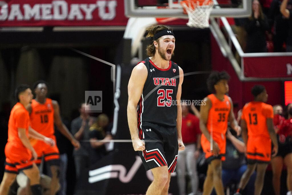 Rick Bowmer Utah guard Rollie Worster (25) reacts after scoring Oregon State in the first half during an NCAA college basketball game Thursday, Feb. 3, 2022, in Salt Lake City. (AP Photo/Rick Bowmer)