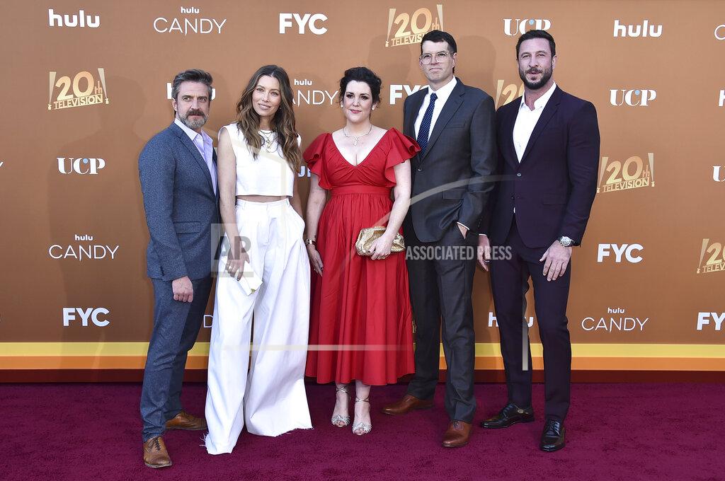 Jordan Strauss From left, cast members Raul Esparza, Jessica Biel, Melanie Lynskey, Timothy Simons and Pablo Schreiber arrive at the Los Angeles premiere of "Candy," on Monday, May 9, 2022, at El Capitan Theatre. (Photo by Jordan Strauss/Invision/AP)