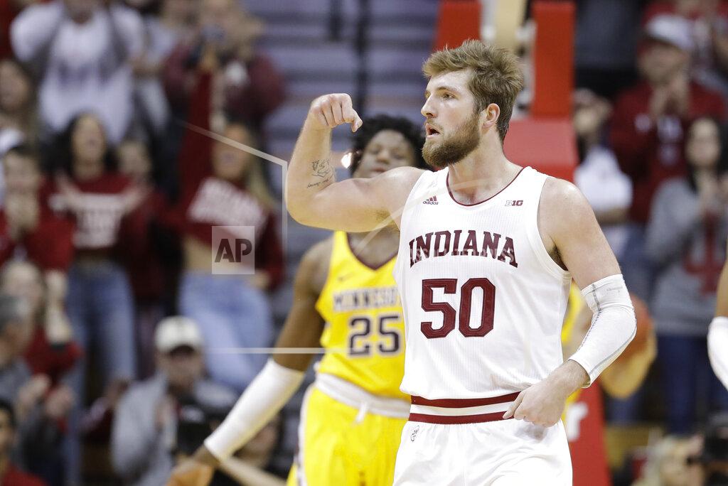 Darron Cummings Indiana's Joey Brunk (50) reacts after hitting a shot during the second half of an NCAA college basketball game against Minnesota, Wednesday, March 4, 2020, in Bloomington, Ind. Indiana defeated Minnesota 72-67. (AP Photo/Darron Cummings)
