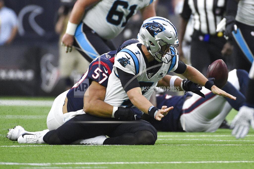 Eric Christian Smith Carolina Panthers quarterback Kyle Allen (7) fumbles as he is hit by Houston Texans outside linebacker Brennan Scarlett (57) during the first half of an NFL football game Sunday, Sept. 29, 2019, in Houston. (AP Photo/Eric Christian Smith)