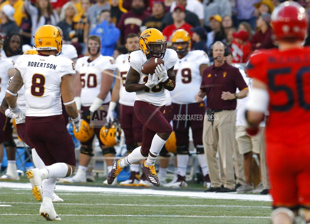 Rick Scuteri Arizona State safety Aashari Crosswell (16) intercepts the football against Arizona in the second half during an NCAA college football game, Saturday, Nov. 24, 2018, in Tucson, Ariz. (AP Photo/Rick Scuteri)