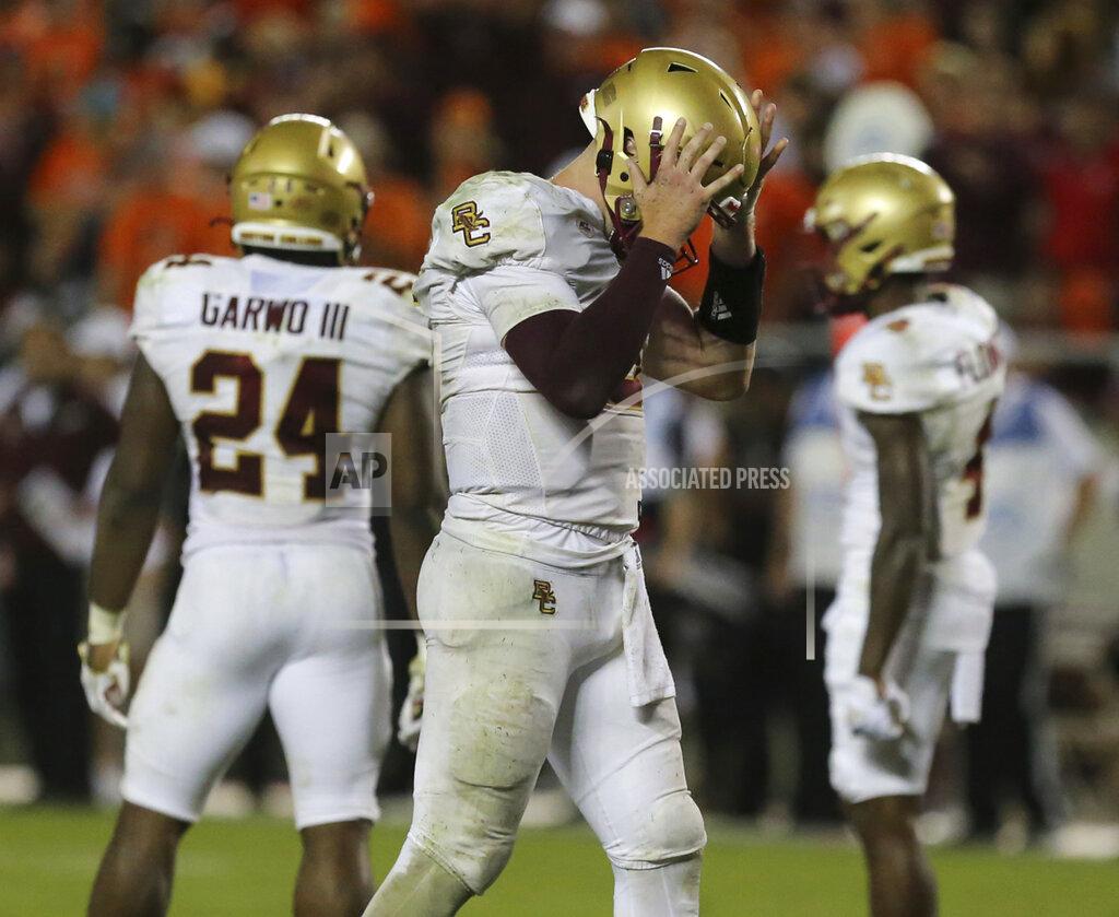Boston College quarterback Phil Jurkovec (5) reacts to a failed offensive series in the second half of the team's NCAA college football game against Virginia Tech on Saturday, Sept. 10, 2022, in Blacksburg, Va. (Matt Gentry/The Roanoke Times via AP)