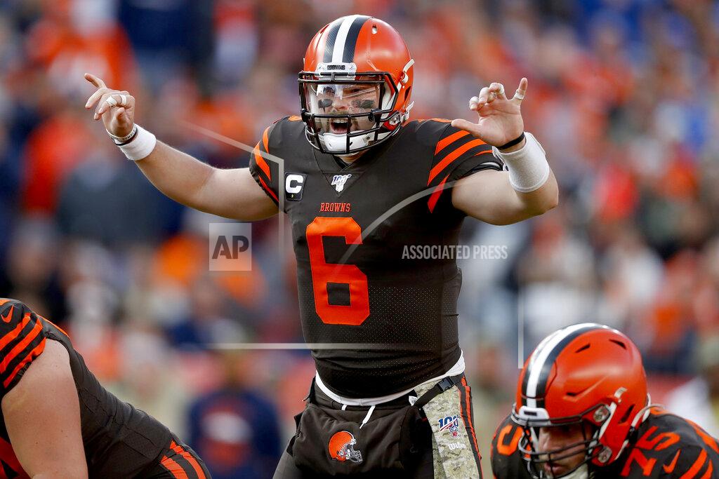 David Zalubowski Cleveland Browns quarterback Baker Mayfield (6) makes a call against the Denver Broncos during the first half of NFL football game, Sunday, Nov. 3, 2019, in Denver. (AP Photo/David Zalubowski)