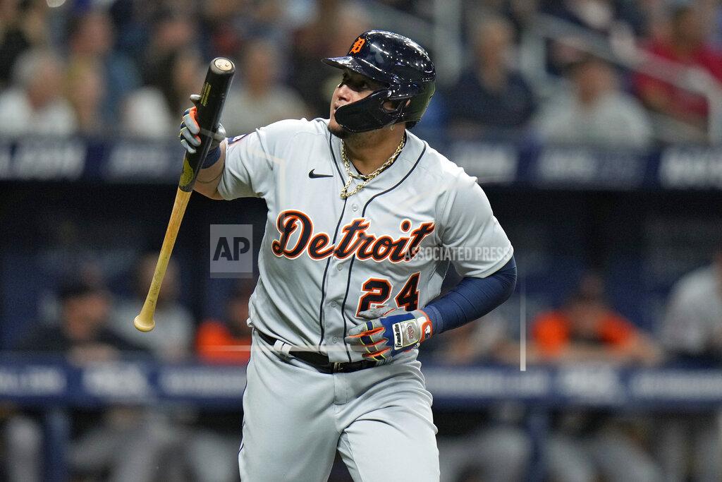 Chris O'MEara Detroit Tigers' Miguel Cabrera reacts after flying out against Tampa Bay Rays starting pitcher Shane McClanahan during the sixth inning of a baseball game Tuesday, May 17, 2022, in St. Petersburg, Fla. (AP Photo/Chris O'Meara)