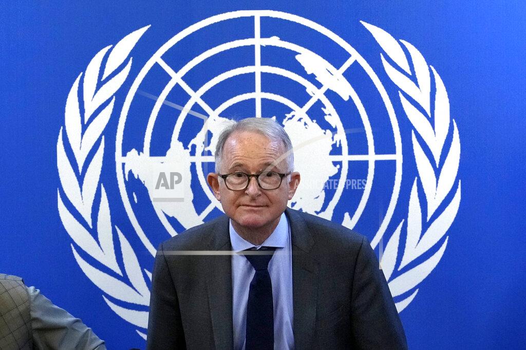 Ebrahim Noroozi United Nations Special Rapporteur on the situation of Human Rights in Afghanistan, Richard Bennett, attends a news conference in Kabul, Afghanistan, Thursday, May 26, 2022. (AP Photo/Ebrahim Noroozi)