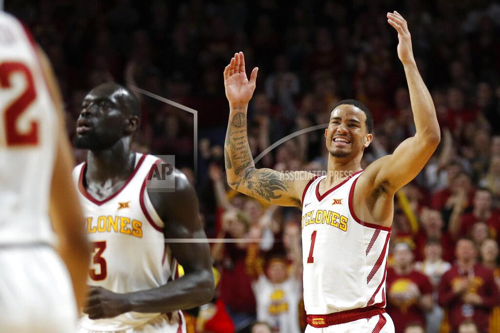 Charlie Neibergall Iowa State guard Nick Weiler-Babb (1) celebrates at the end of an NCAA college basketball game against Texas, Saturday, Feb. 2, 2019, in Ames, Iowa. Iowa State won 65-60. (AP Photo/Charlie Neibergall)