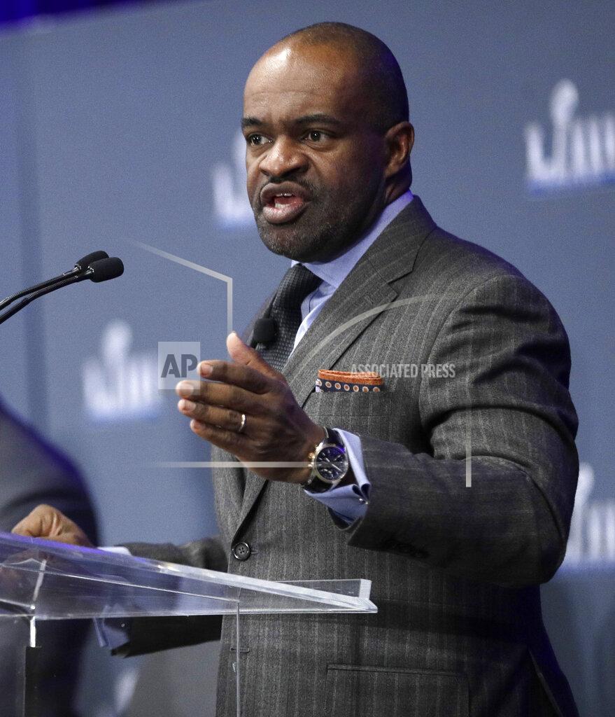 David J. Phillip FILE - In this Jan. 31, 2019, file photo, NFL Players Association Executive Director DeMaurice Smith speaks during a news conference at the media center for the NFL Super Bowl 53 football game, in Atlanta. For the last quarter-century, the league has had a two-tiered system when it came to pensions, paying out significantly bigger amounts to more recent retirees than the players who retired before 1993 and made considerably less money in the pre-free agency days. DeMaurice Smith said improved pensions would be a priority in upcoming labor negotiations.(AP Photo/David J. Phillip, File)