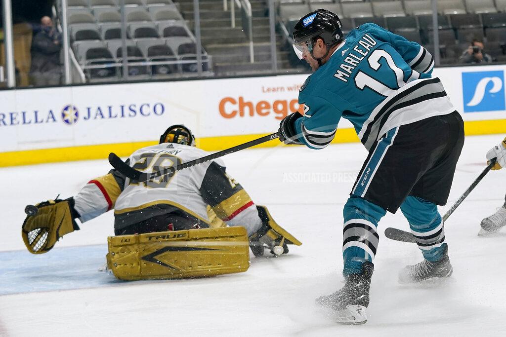 Jeff Chiu Vegas Golden Knights goaltender Marc-Andre Fleury, left, defends against a shot by San Jose Sharks center Patrick Marleau (12) during the first period of an NHL hockey game in San Jose, Calif., Wednesday, May 12, 2021. (AP Photo/Jeff Chiu)