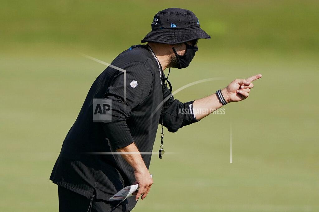 Chris Carlson Carolina Panthers head coach Matt Rhule gestures during an NFL football camp practice Monday, Aug. 17, 2020, in Charlotte, N.C. (AP Photo/Chris Carlson)