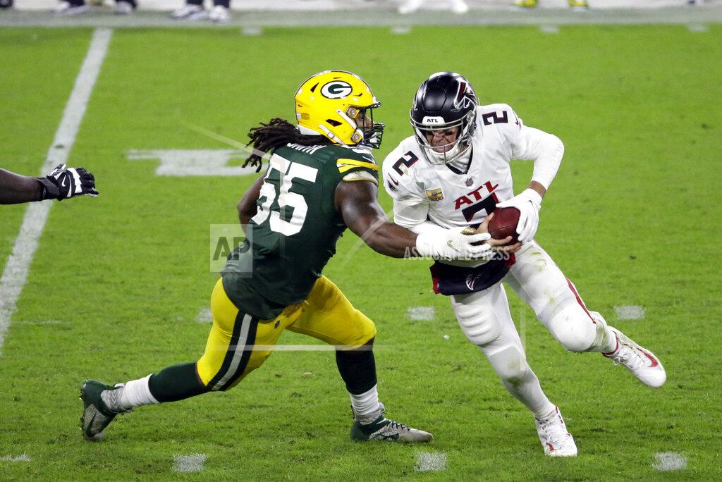 Mike Roemer Atlanta Falcons quarterback Matt Ryan (2) is sacked by Green Bay Packers' Za'Darius Smith (55) during the second half of an NFL football game, Monday, Oct. 5, 2020, in Green Bay, Wis. (AP Photo/Mike Roemer)
