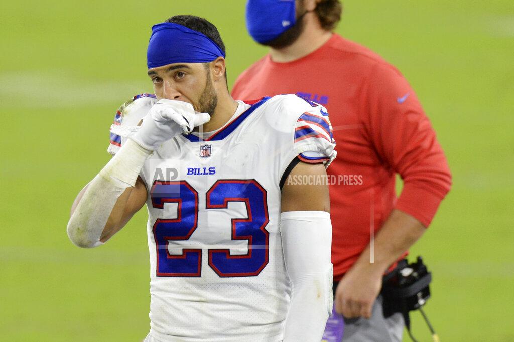 Mark Zaleski Buffalo Bills safety Micah Hyde (23) watches from the sideline in the second half of an NFL football game against the Tennessee Titans Tuesday, Oct. 13, 2020, in Nashville, Tenn. The Titans won 42-16. (AP Photo/Mark Zaleski)