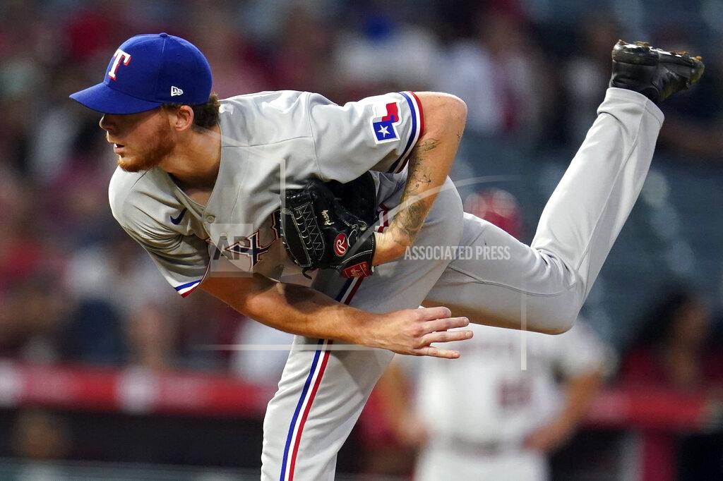 Marcio Jose Sanchez Texas Rangers starting pitcher A.J. Alexy throws to the Los Angeles Angels during the fourth inning of a baseball game Monday, Sept. 6, 2021, in Anaheim, Calif. (AP Photo/Marcio Jose Sanchez)